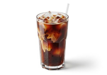 Refreshing iced coffee with cream and ice cubes in a tall glass