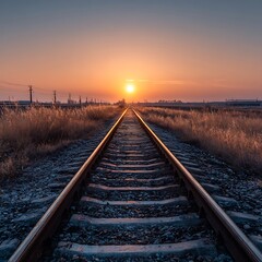 Fototapeta premium Train Tracks Leading to the Setting Sun in a Grassy Field