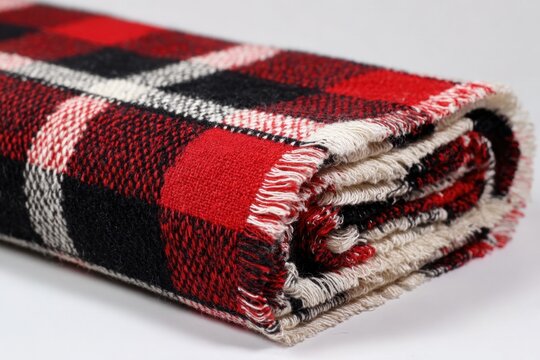 Rolled red, black, and cream plaid fabric with frayed edges