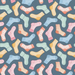 Watercolor seamless pattern with assorted socks on navy background, kids fabric print