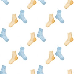 Watercolor seamless pattern with assorted socks on white background, kids fabric print