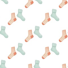 Watercolor seamless pattern with assorted socks on white background, kids fabric print