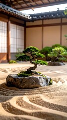 Zen garden with bonsai