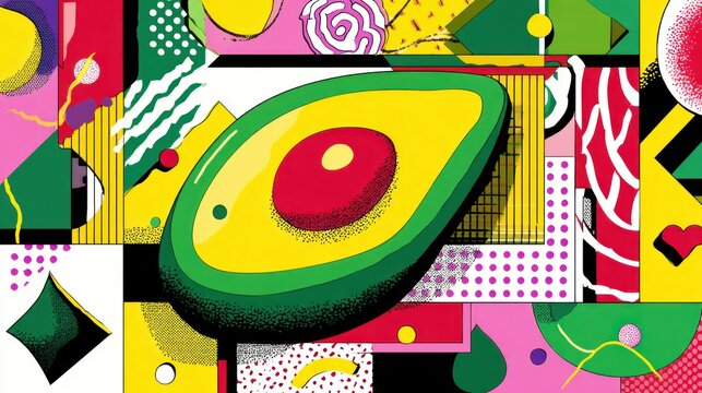 Vibrant avocado graphic amidst bold geometric patterns