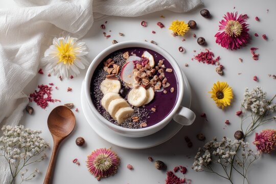 Vibrant purple smoothie bowl, adorned with fresh flowers and granola