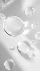 Transparent bubbles floating gracefully against a soft white background, creating a serene and calming atmosphere, ideal for beauty and wellness concepts