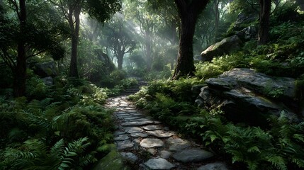 Obraz premium Enchanting stone pathway winds through a lush, magical jungle. Sunbeams dramatically pierce through the dense canopy, illuminating the vibrant green ferns and trees.