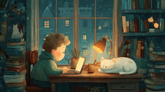 Cozy child working at desk by window at night