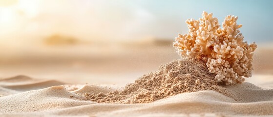 Naklejka premium Ocean coral rests on a sandy dune under warm sunlight and a hazy sky.
