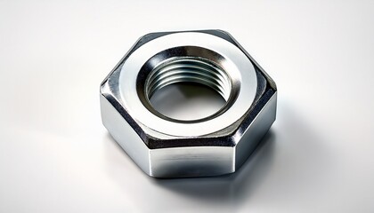 a gleaming hex nut isolated against a white background on a clear or white background