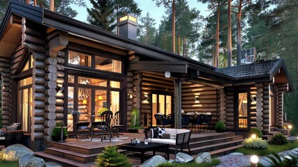A beautiful log cabin nestled among trees offers cozy outdoor seating, providing a tranquil retreat perfect for relaxation and gatherings