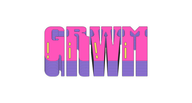 GRWM abbreviation layered pink vaporwave slang typography. Get ready with me lingo. Influencer beauty, fashion routine. 80s retro futuristic lettering. Viral word. Bubble letters buzz. Danfo font used