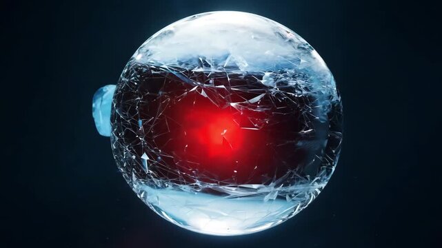 abstract cinematic logo reveal, frozen crystal sphere cracking red smoke icy blue smoke dramatic slow-motion explosion, glowing metallic sphere, minimal black background, ultra-realistic 3D, 4K