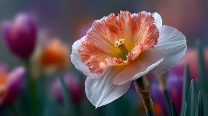 Fototapeta premium Exquisite close-up photograph of a blooming daffodil with delicate white petals and a frilled, peach-colored corona. The background is a soft, blurry garden.