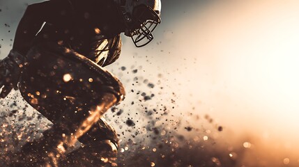 Fierce Football Player Wearing Helmet and Uniform Running on Field During Sunset