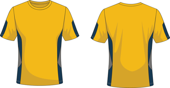 Athletic t-shirt, yellow sportswear, color block design, breathable fabric, short sleeve, front back view, fitness apparel, activewear, gym clothing