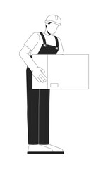 Faceless warehouse worker carrying cardboard box 2D line character. Manual lifting. Packaging employee in overalls and hard hat isolated vector ink outline person. Monochromatic spot illustration