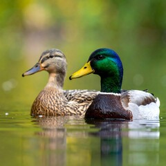 A pair of ducks, a male and female, swim side-by-side on calm water, their reflections visible