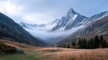 Obraz premium Snowy Mountain Peak with Alpine Nature and Dramatic Cloudy Sky in Remote Location Landscape Photography