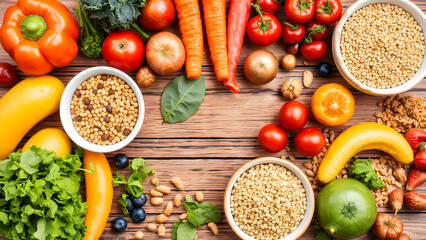 vegetables and tomatoes on wooden table with grains and seeds