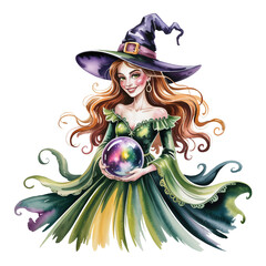 Halloween witch with a magic crystal ball. Hand drawn watercolor illustration. 