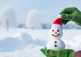 Obraz premium Festive snowman with Santa hat in snowy landscape
