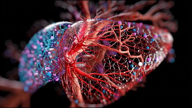 Cirrhosis liver symptoms. A colorful, detailed 3D representation of human lungs and bronchi.