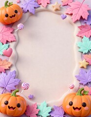 3D Halloween border with pumpkins autumn leaves floating candies empty center whimsical kawaii style