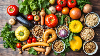 fresh vegetables on a wooden board with nuts and grains