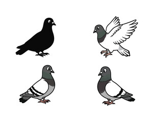 Four stylized illustrations of pigeons in different poses and colors including a solid black pigeon and three grey and white pigeons