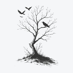 Bare tree silhouette with crows perched on branches, symbolizing solitude and mystery.