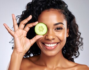 Woman with cucumber slice
