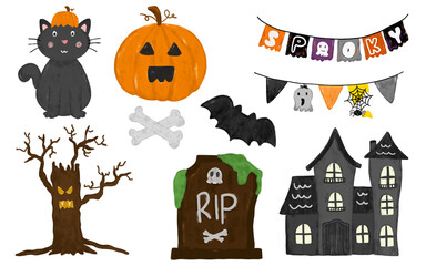Set Collection clipart of spooky watercolor crayon halloween element decoration ornament scary haunted house party theme doodle kids illustration design stickers