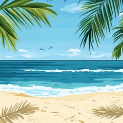 Obraz premium Sunny beach scene with sand, palm leaves, and blue sea. Perfect for summer vacation vibes! 
