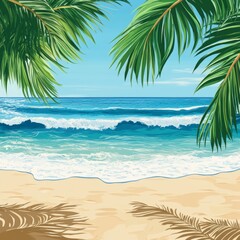 Sunny beach scene with sand, palm leaves, and blue sea. Perfect for summer vacation vibes!
