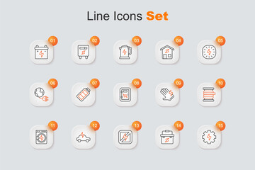 Set line Gear and lightning, Toolbox electrician, No, Electric car, Washer, Wire cable on reel, glove and Electrical panel icon. Vector