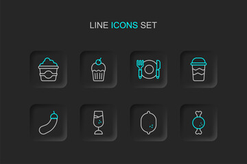 Fototapeta premium Set line Chicken leg, Lemon, Wine glass, Eggplant, Coffee cup to go, Plate, fork and knife, Muffin and Popcorn cardboard box icon. Vector