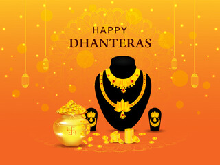 Happy Dhanteras Indian Festival Diwali biggest gold sale banner, poster and web header design vector illustration.