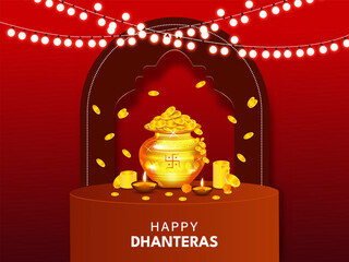 Happy Dhanteras Indian Festival Diwali biggest gold sale pedestal podium banner, poster and web header design vector illustration.