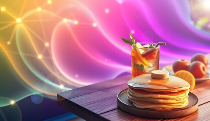 ice tea and eggs breakfast on an abstract colorful background 