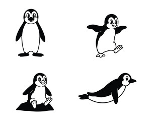 Collection of four adorable cartoon penguins in different poses and actions on a white background © mhk365