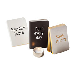 Three books with new year resolutions and burning candle on transparent background. Goal setting and self improvement concept for new year.