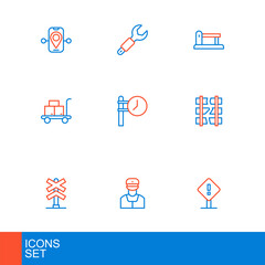 Set line Exclamation mark in square, Train conductor, Railroad crossing, Broken cracked railway, Trolley suitcase, station clock, Railway, railroad track and Wrench spanner icon. Vector