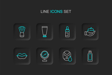 Naklejka premium Set line Bottle of shampoo, Facial cosmetic mask, Round makeup mirror, Smiling lips, Shaving foam on hand, Essential oil bottle, Cream lotion tube and Makeup brush icon. Vector