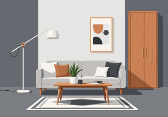 Elegant modern living room interior with contemporary furniture and decor illustration