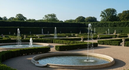 Obraz premium Formal garden with fountains and manicured hedges
