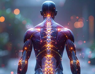 Detailed anatomical rendering of the human back, showcasing muscles and spine with glowing energy lines