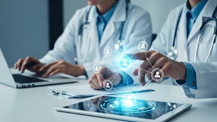 Medical professionals utilizing advanced digital interface technology to manage patient network data and collaborate on healthcare solutions - Powered by Adobe