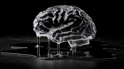 transience. Hyper-realistic brain sculpture crafted from fragile translucent ice, melting under spotlights into dark puddles. product launch decks.