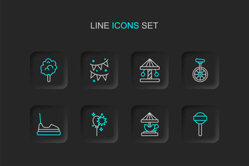 Set line Lollipop, Attraction carousel, Balloons with ribbon, Bumper, Unicycle, Carnival garland flags and Cotton candy icon. Vector © Iryna
